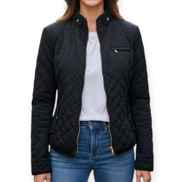 ZARA WOMAN Dark Navy Quilted Jacket L Moto Zip Short Puffer Biker Style Fall - Picture 1 of 10